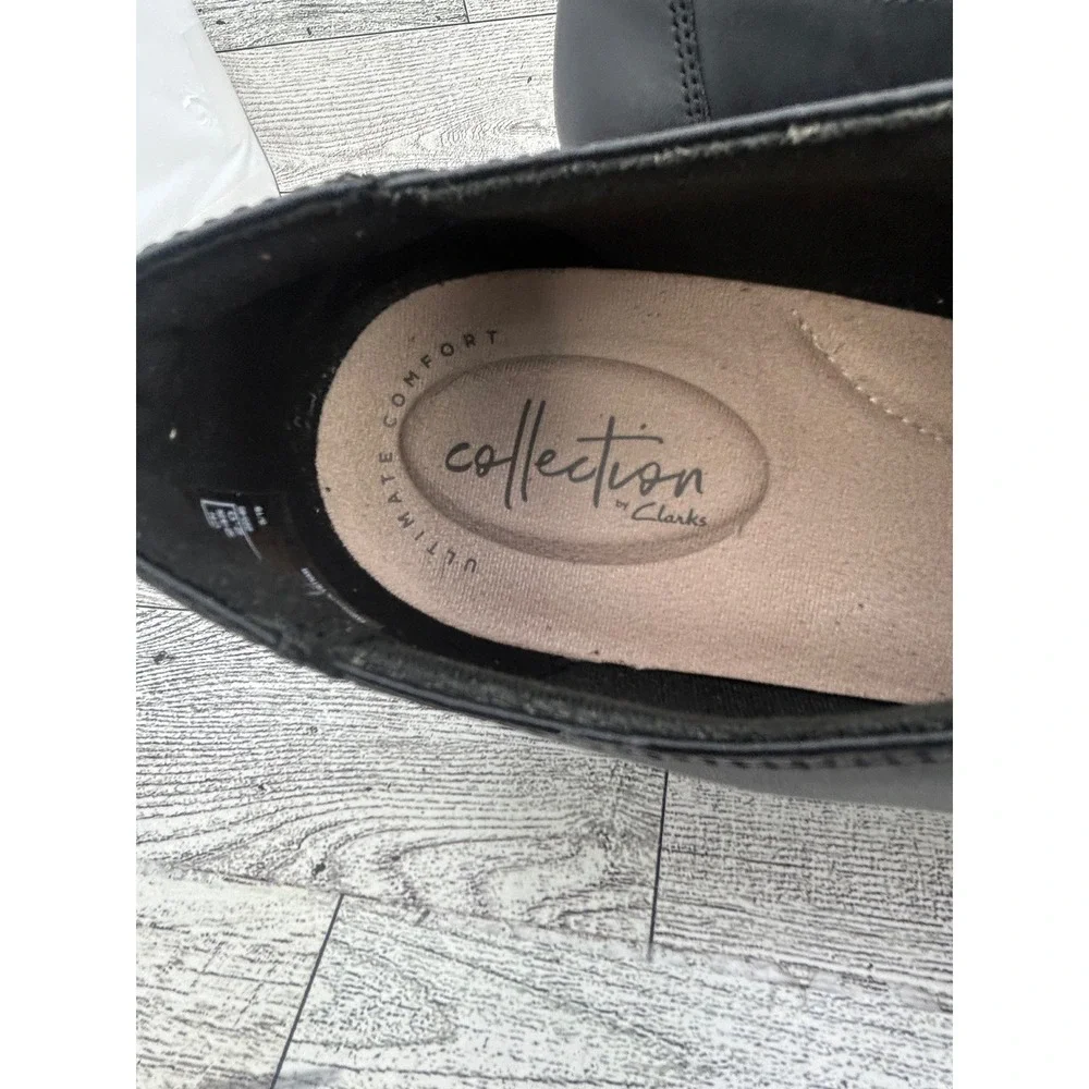 Clarks Collection Black Leather Ankle Booties Side Zip Block Heel Women Sz 8.5W‎